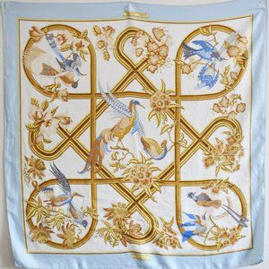 Hermes Caraibes Vintage Silk Carre Scarf in Blue & Gold 36”x 36”/90x90cm In Box